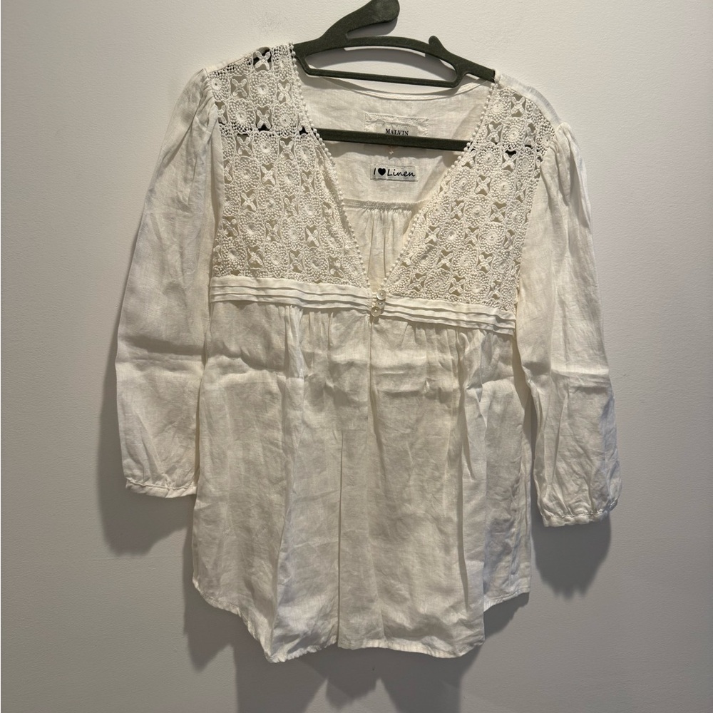 Malvin Namburg Love Linen Peasant 3/4 Sleeve Crochet Boho Blouse XS